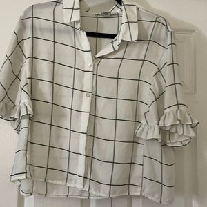 White/green semi-cropped button down top